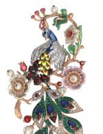 Брошь из золота 585 пробы c эмалью, фианитом, гранатом, жемчугом, сапфиром, кораллом и перламутром