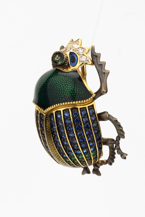 Брошь из лимонного золота c эмалью, фианитом и турмалином