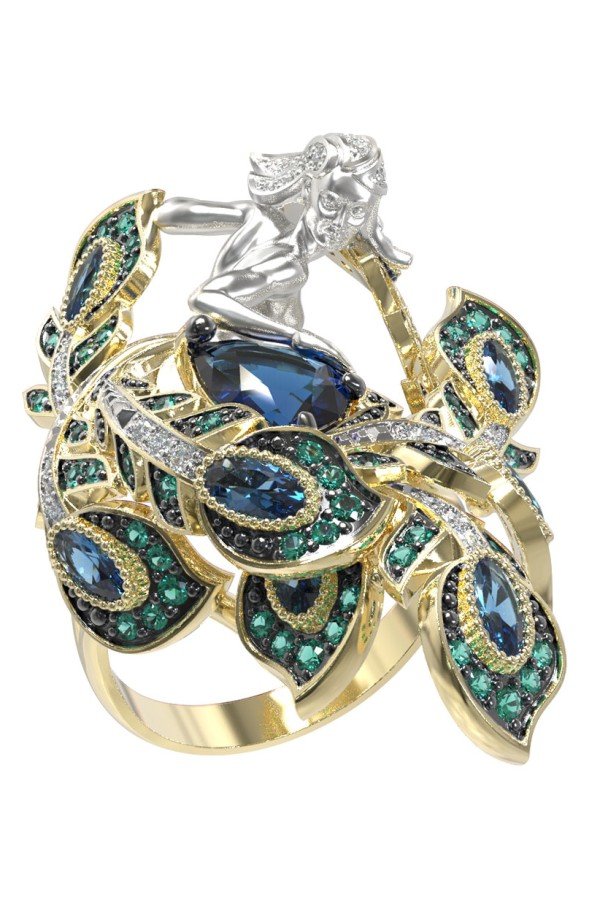 Кольцо из лимонного золота 585 пробы c фианитом и топазом London Blue