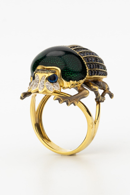 Кольцо из лимонного золота c эмалью, фианитом и турмалином