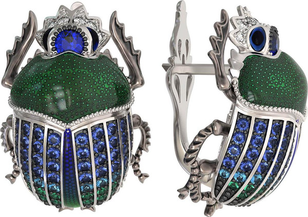 Серьги из белого золота c эмалью, фианитом и сапфиром