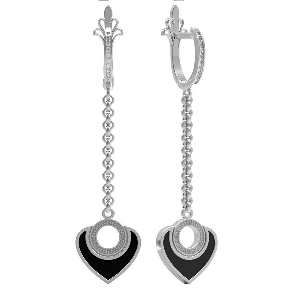 Серьги из белого золота c фианитом и ониксом