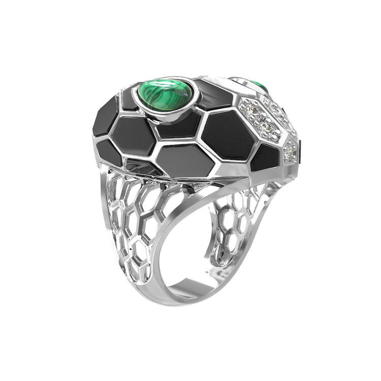 Кольцо из белого золота c бриллиантами, рубином, ониксом, малахитом и перламутром