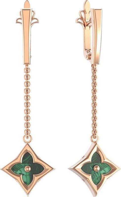 Серьги из золота 585 пробы c малахитом