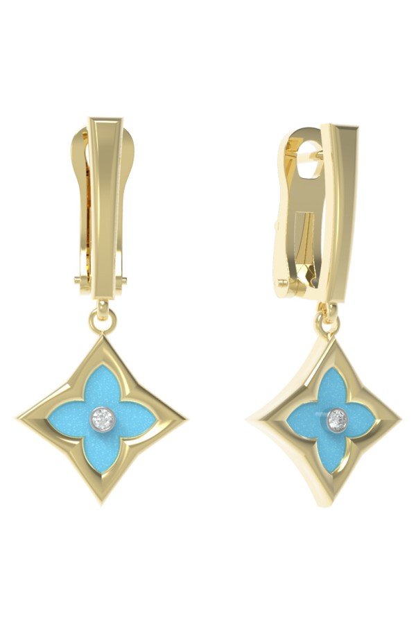 Серьги из лимонного золота 585 пробы c бриллиантами и бирюзой