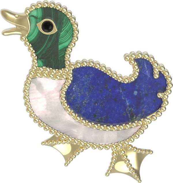 Брошь из лимонного золота c эмалью, лазуритом, малахитом и перламутром