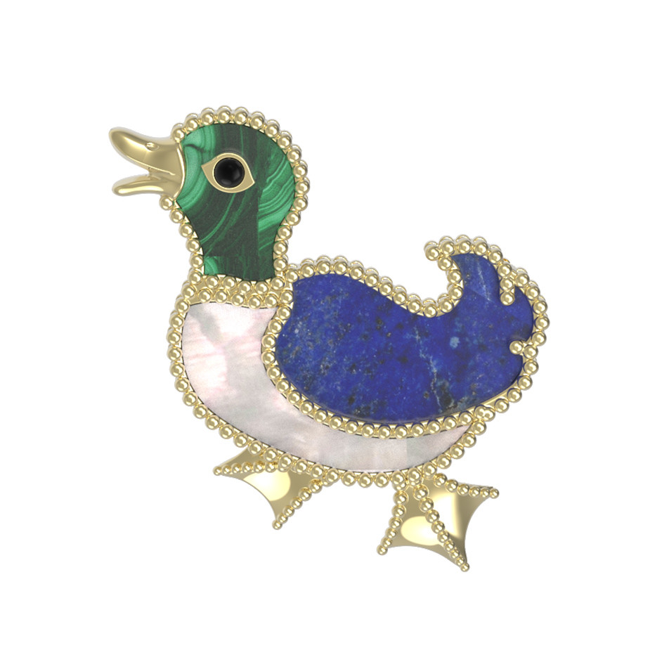 Брошь из лимонного золота c эмалью, лазуритом, малахитом и перламутром