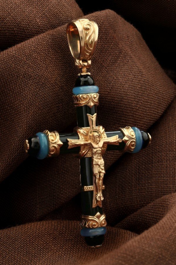 Крест из золота 585 пробы c ониксом и агатом
