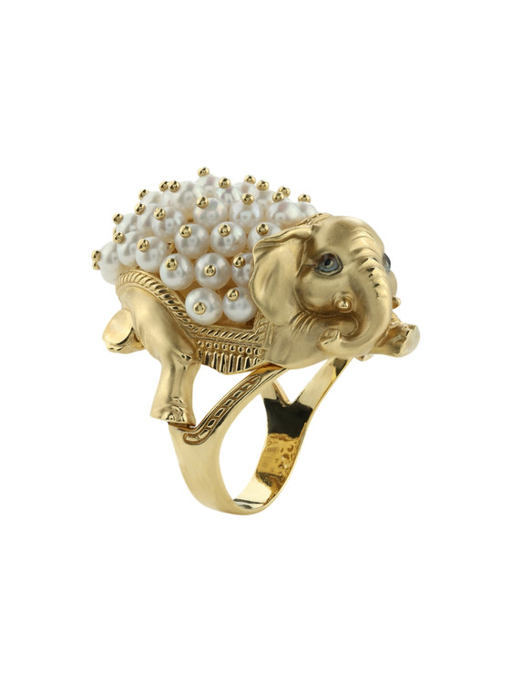 Кольцо из лимонного золота c эмалью и жемчугом