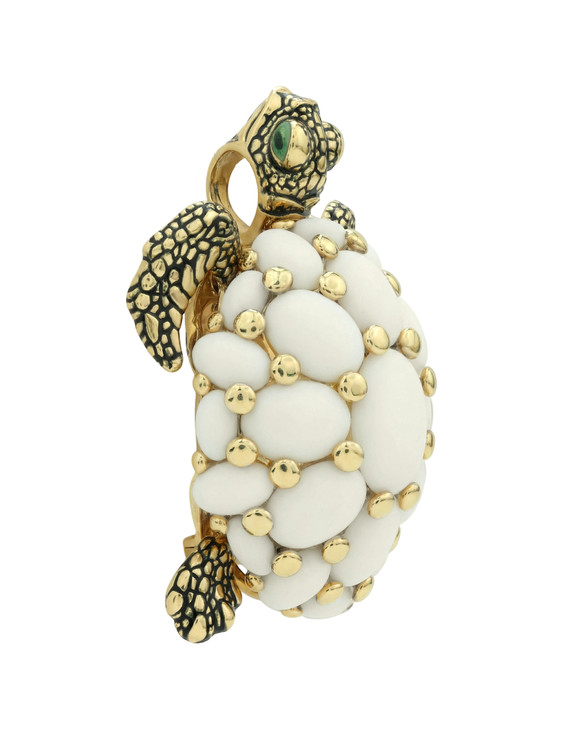 Брошь из лимонного золота c эмалью и бивнем мамонта