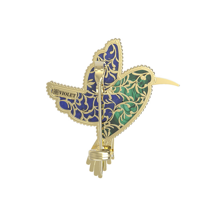 Брошь из лимонного золота c эмалью, лазуритом и малахитом