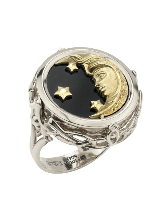 Кольцо из белого золота c ониксом и перламутром