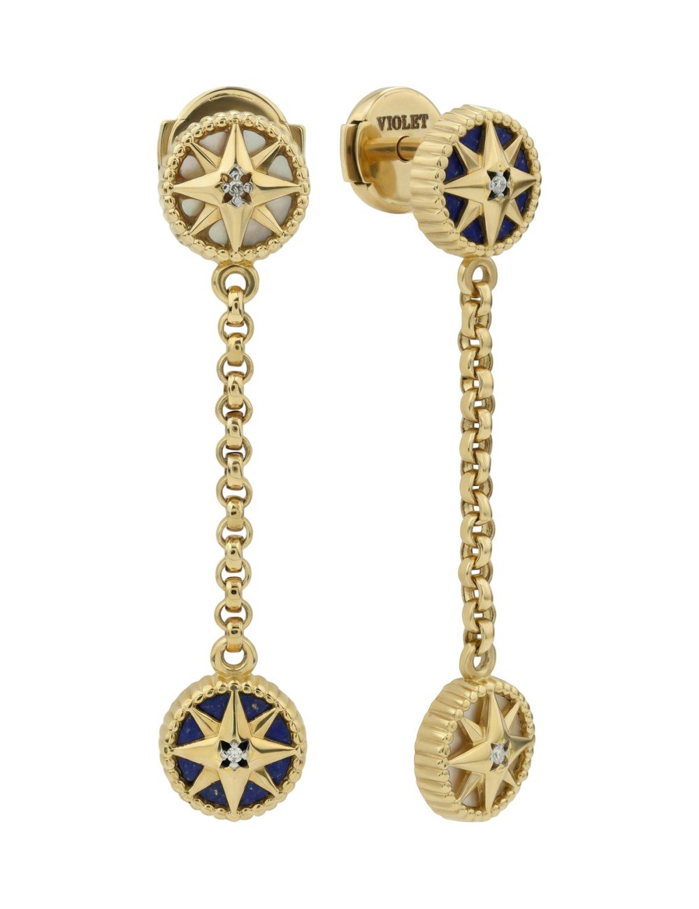 Серьги из лимонного золота 585 пробы c бриллиантами, лазуритом и перламутром