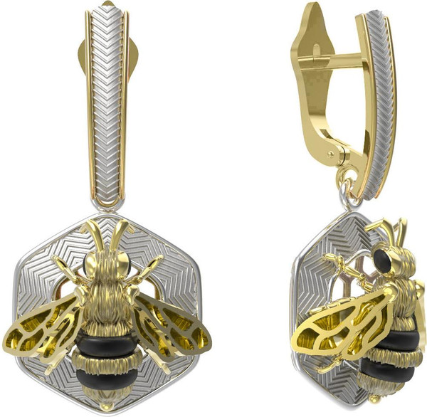 Серьги из лимонного золота c эмалью, ониксом и эмалью