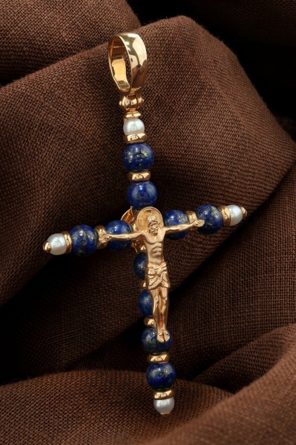 Крест из золота c жемчугом и лазуритом