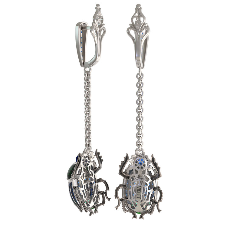 Серьги из белого золота c эмалью, фианитом и сапфиром