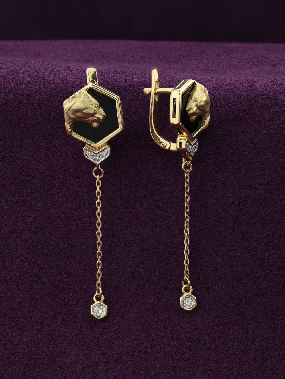 Серьги из лимонного золота c бриллиантами и ониксом