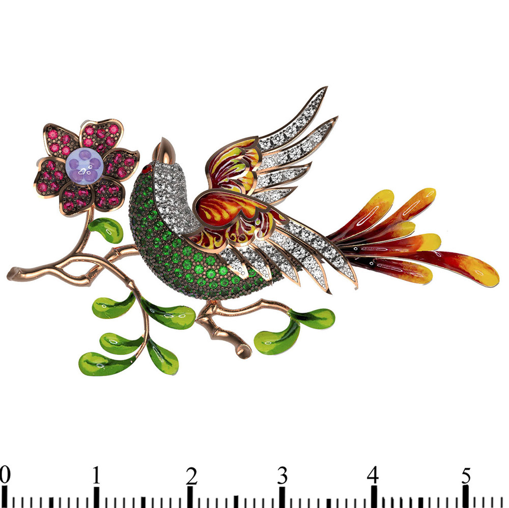 Брошь из золота c эмалью и фианитом