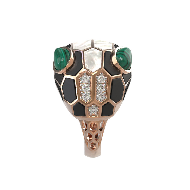 Кольцо из золота c бриллиантами, рубином, ониксом, малахитом и перламутром
