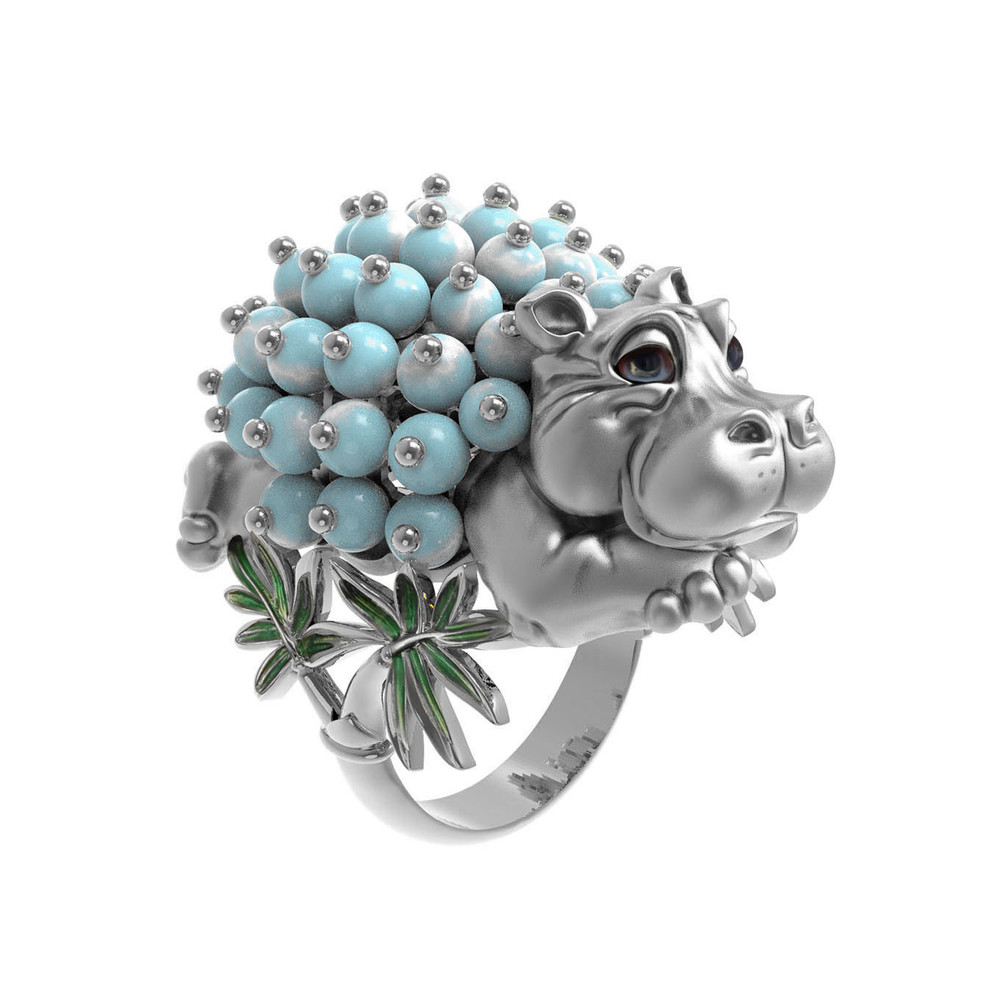 Кольцо из белого золота c эмалью и бирюзой