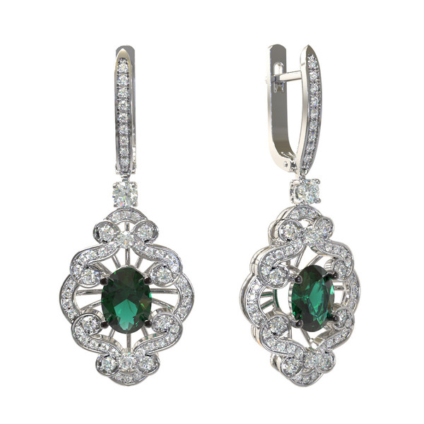 Серьги из белого золота c бриллиантами и изумрудом