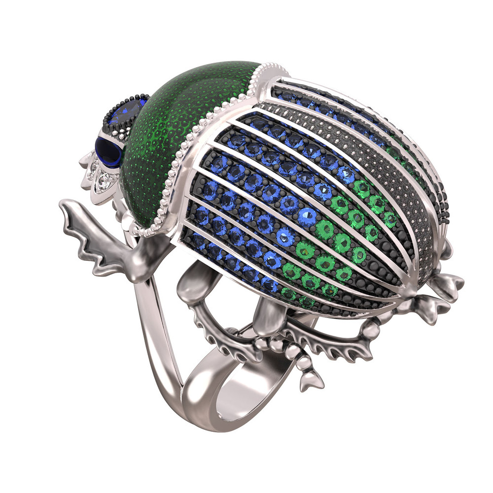 Кольцо из белого золота c эмалью, фианитом и сапфиром