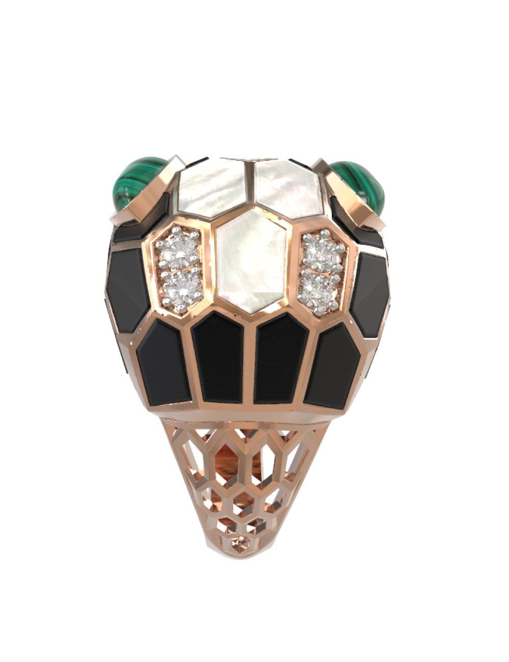 Кольцо из золота 585 пробы c бриллиантами, рубином, ониксом, малахитом и перламутром