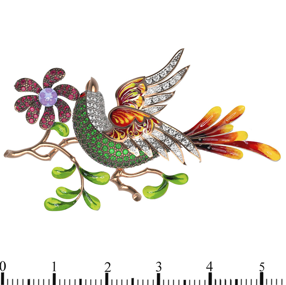 Брошь из лимонного золота c эмалью и фианитом