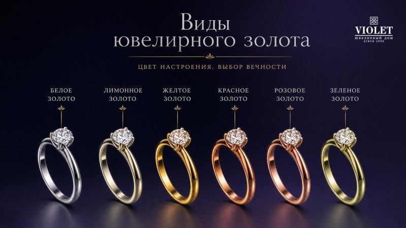 Виды ювелирного золота - белое, лимонное, желтое, красное, розовое и зеленое