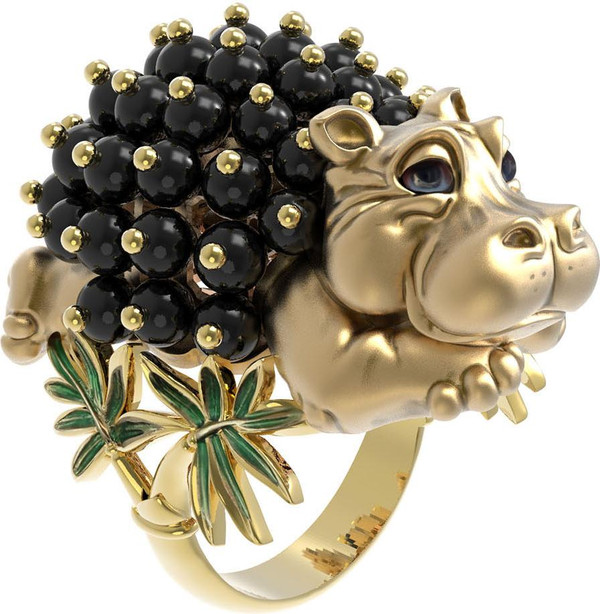 Кольцо из лимонного золота c эмалью и ониксом