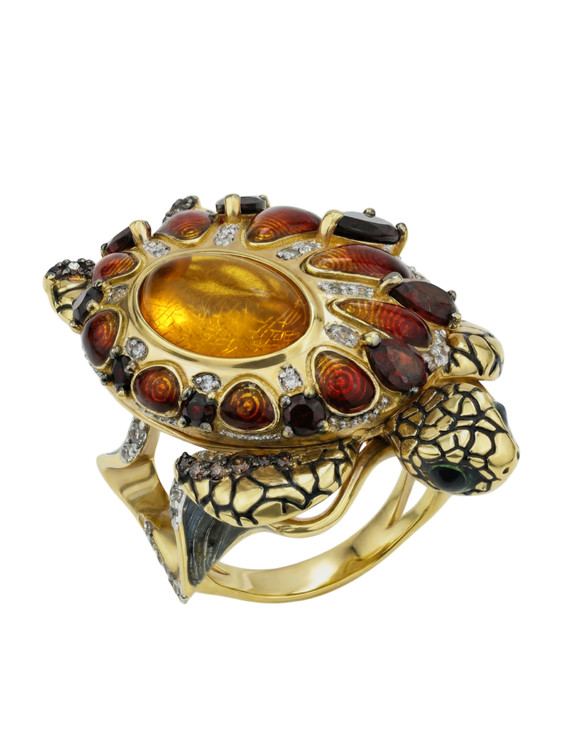 Кольцо из лимонного золота c эмалью, фианитом, гранатом и янтарём