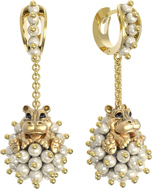 Серьги из лимонного золота c эмалью и жемчугом