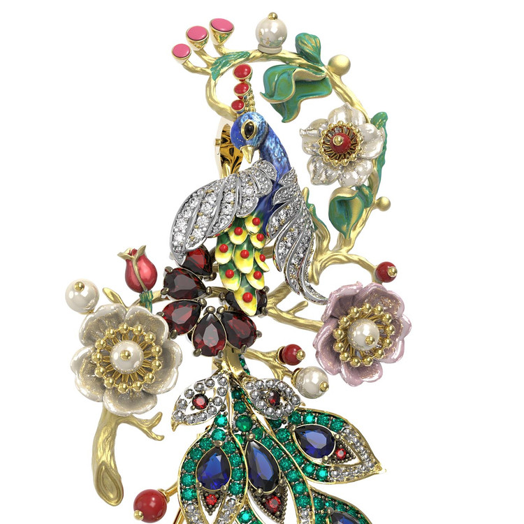 Брошь из лимонного золота c эмалью, фианитом, гранатом, жемчугом, сапфиром, кораллом и перламутром