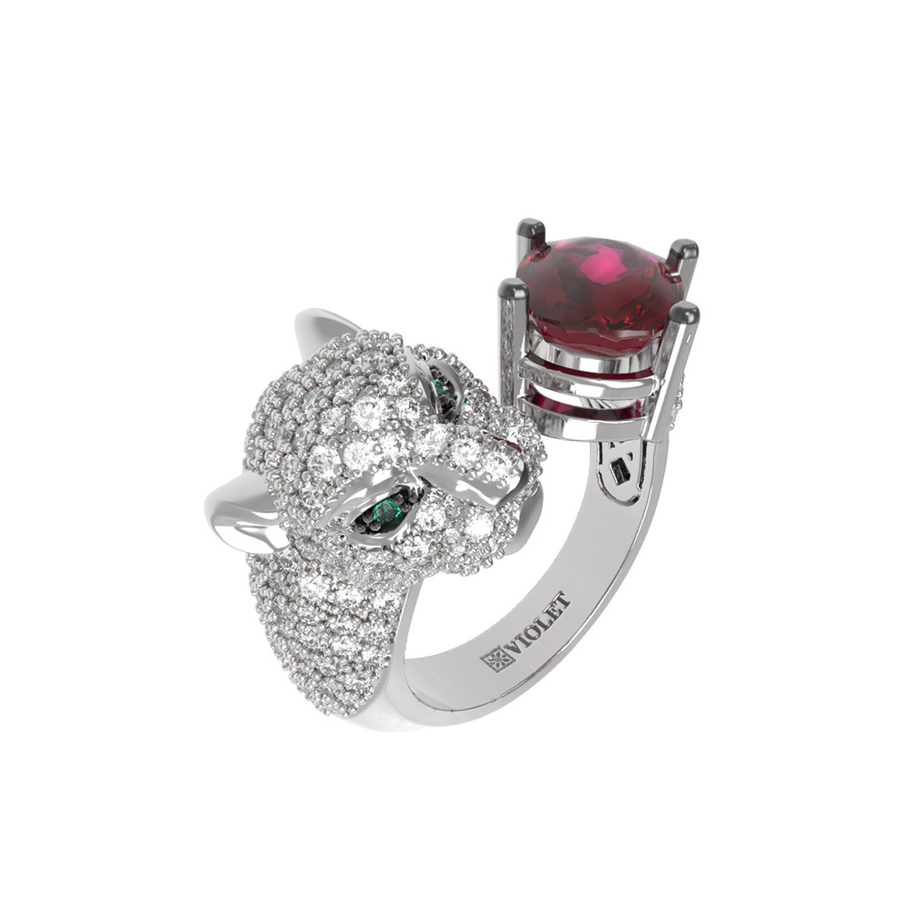 Кольцо из белого золота c бриллиантами, рубином и изумрудом
