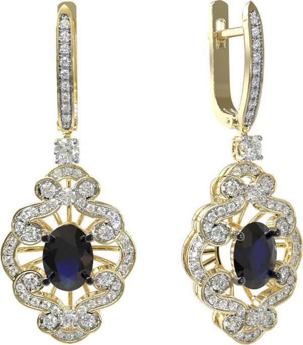 Серьги из лимонного золота c бриллиантами и сапфиром