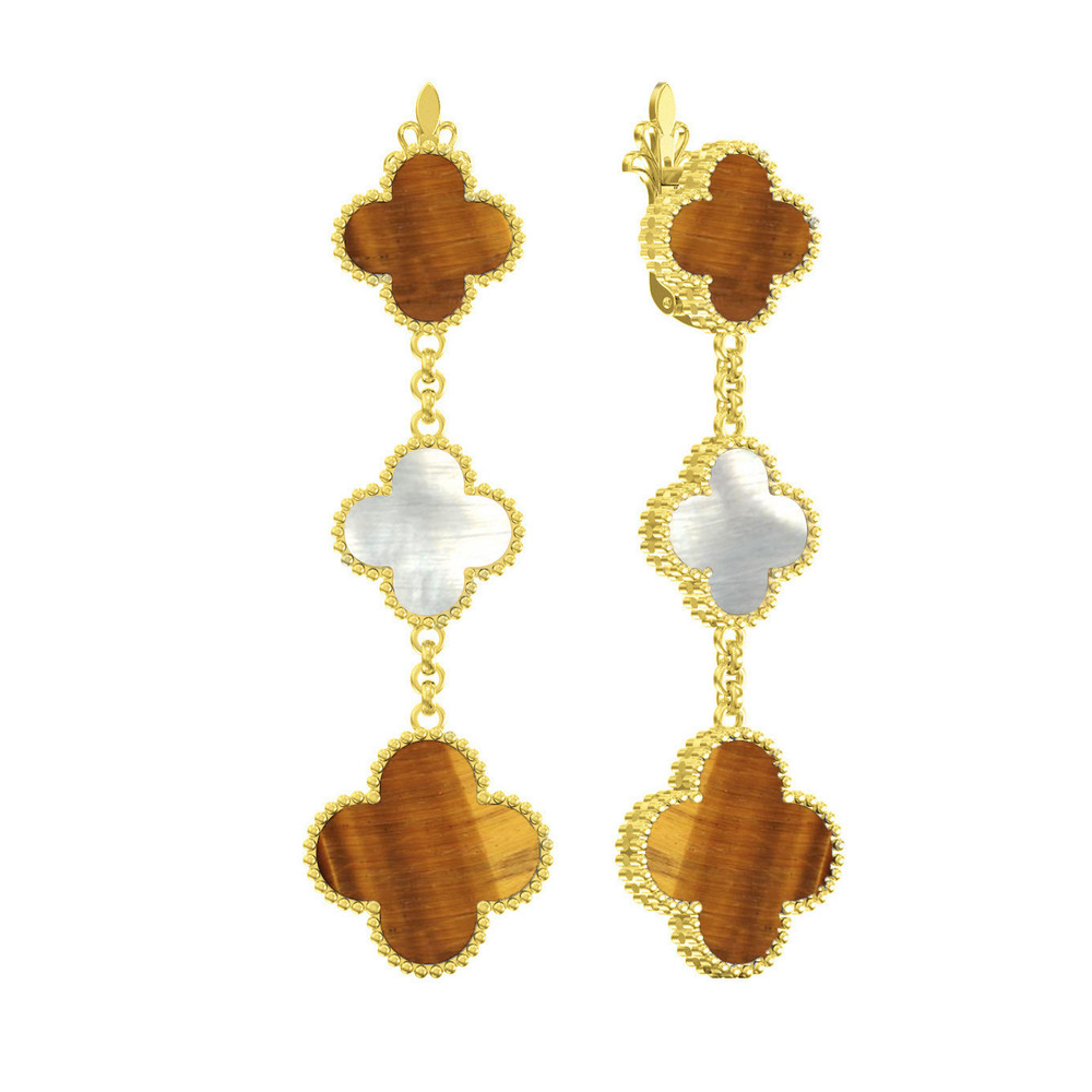 Серьги из лимонного золота c тигровым глазом и перламутром