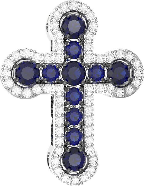 Крест из белого золота c бриллиантами и сапфиром