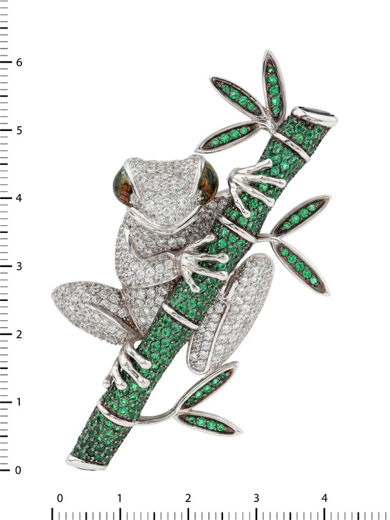 Брошь из белого золота c эмалью, фианитом и дымчатым кварцем