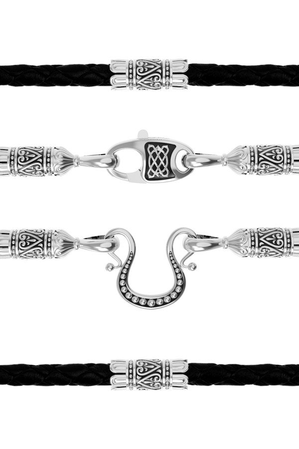 Гайтан из белого золота c кожаным шнурком