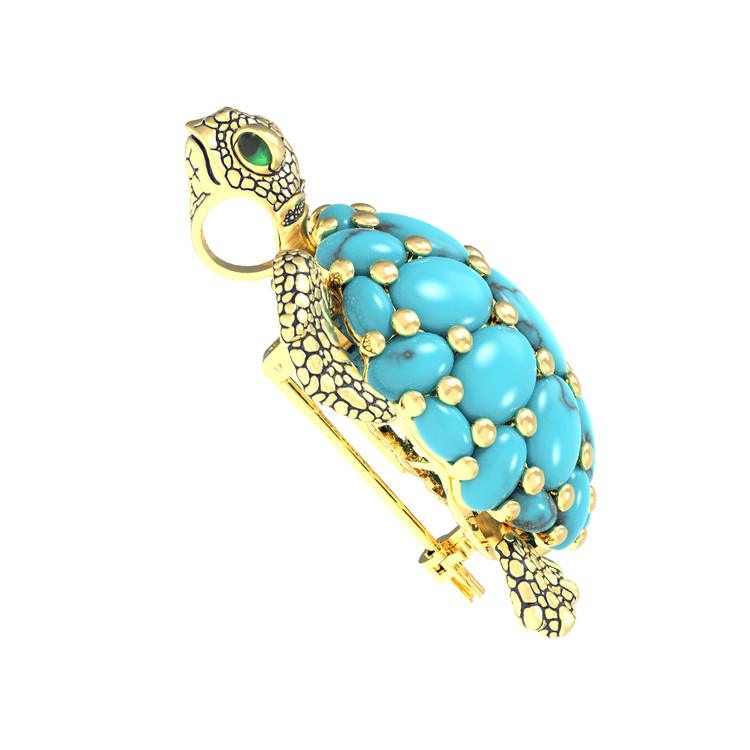 Брошь из лимонного золота c эмалью и бирюзой