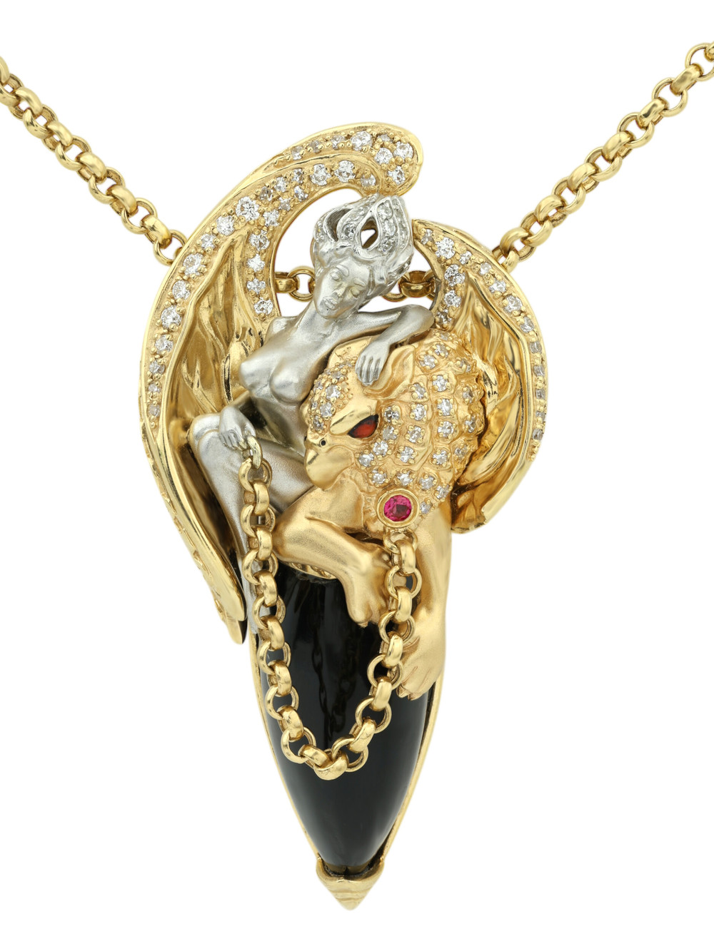 Колье из лимонного золота c эмалью, бриллиантами, рубином, ониксом и рубином