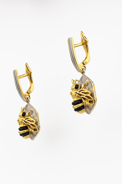 Серьги из лимонного золота c эмалью, ониксом и эмалью