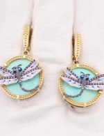 Серьги из лимонного золота 585 пробы c бирюзой, аметистом и эмалью