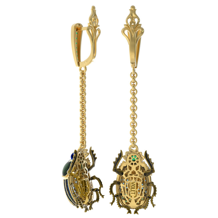 Серьги из лимонного золота c эмалью, фианитом, турмалином и сапфиром