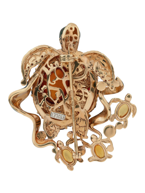 Брошь из золота c эмалью, фианитом, гранатом и янтарём