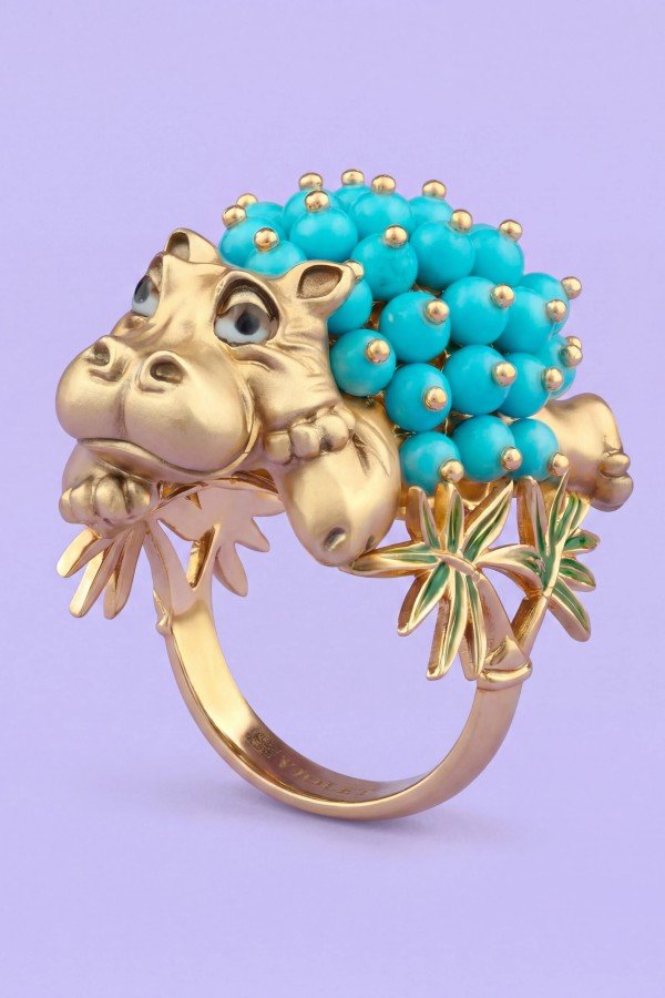 Кольцо из лимонного золота 585 пробы c эмалью и бирюзой