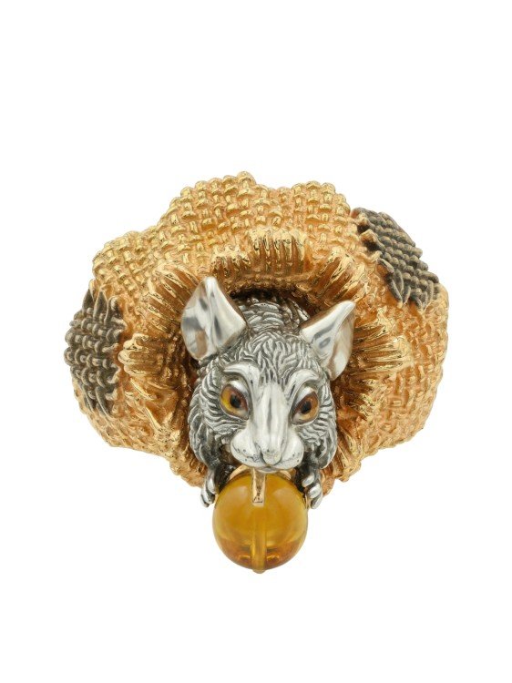 Кольцо из лимонного золота c эмалью и янтарём