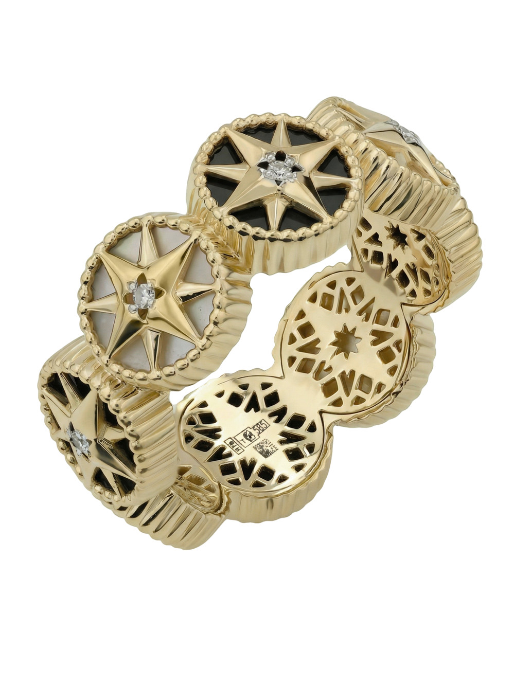 Кольцо из лимонного золота c бриллиантами, ониксом и перламутром