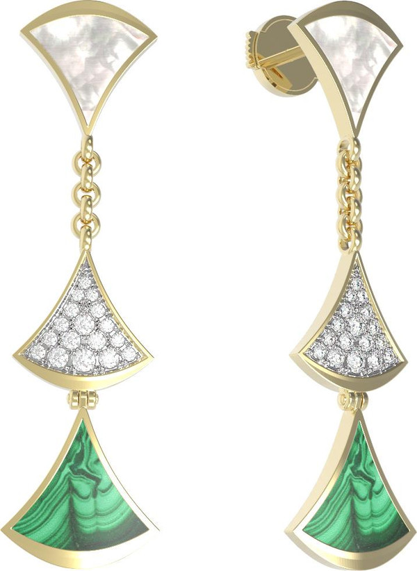 Серьги из лимонного золота c бриллиантами, малахитом и перламутром