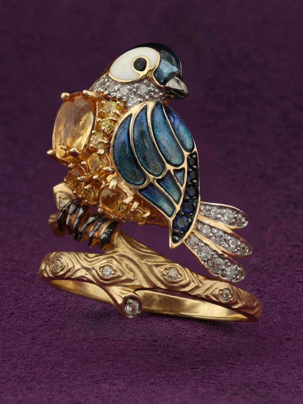 Кольцо из лимонного золота c эмалью, фианитом, цитрином и сапфиром